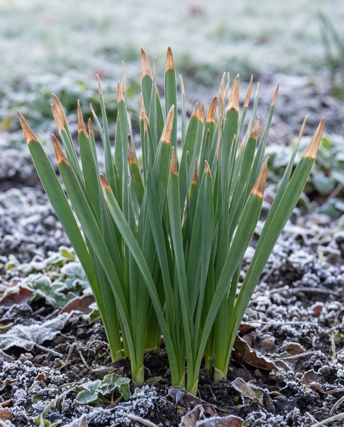 Daffodil leaves with evenly bleached brown tips after a single hard frost, the rest of each leaf still green