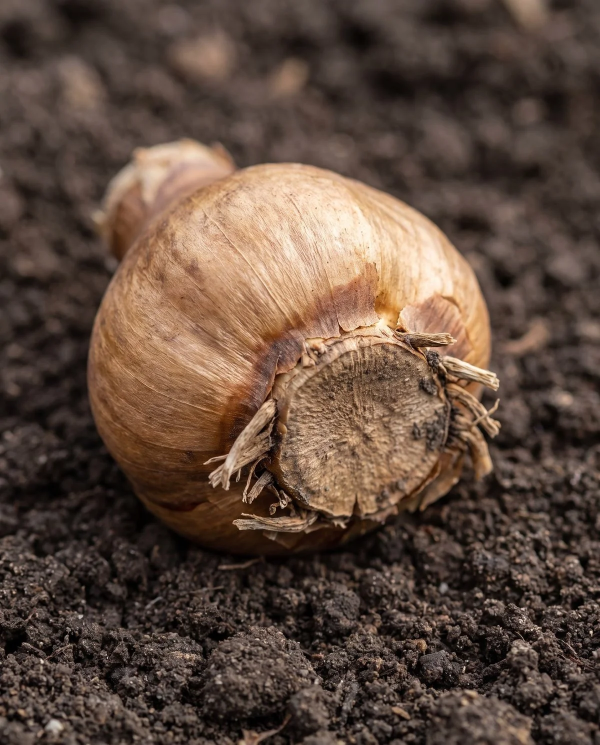 A healthy dormant daffodil bulb resting on soil, plump and firm with dry papery tan skin and a clean basal plate