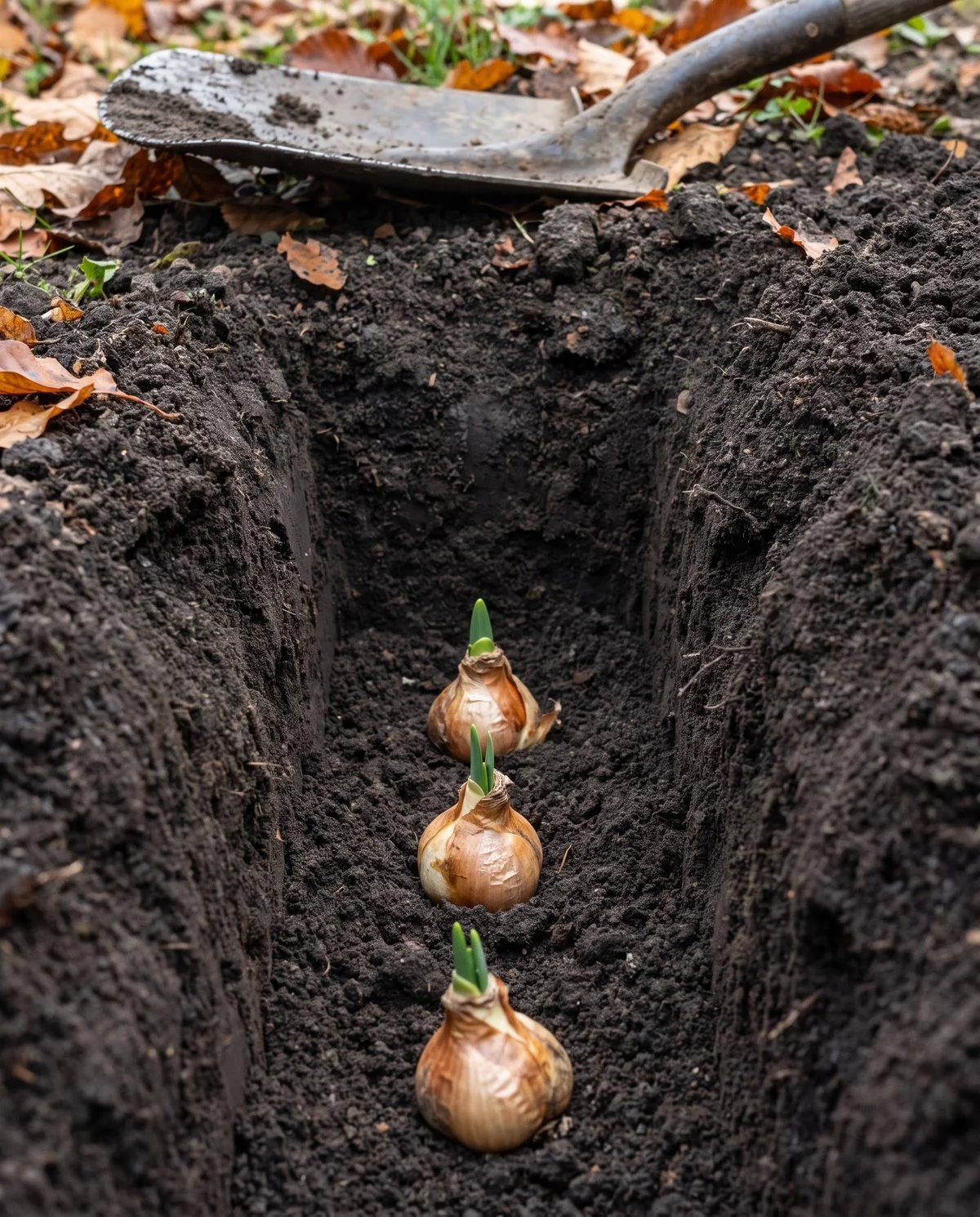 Side view of an open trench with daffodil bulbs set deep, pointed ends up, showing the soil profile above them