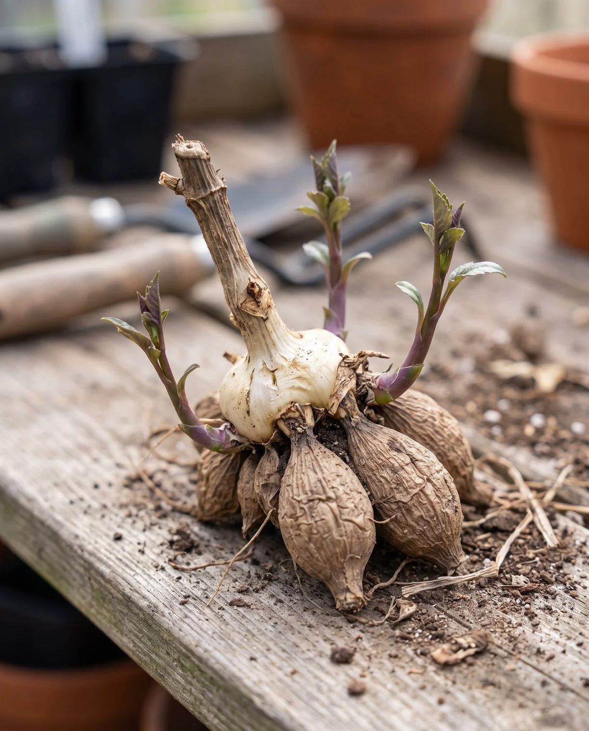 A dahlia tuber clump waking with three separate purple-green shoots, each rising alone from its own eye on the crown