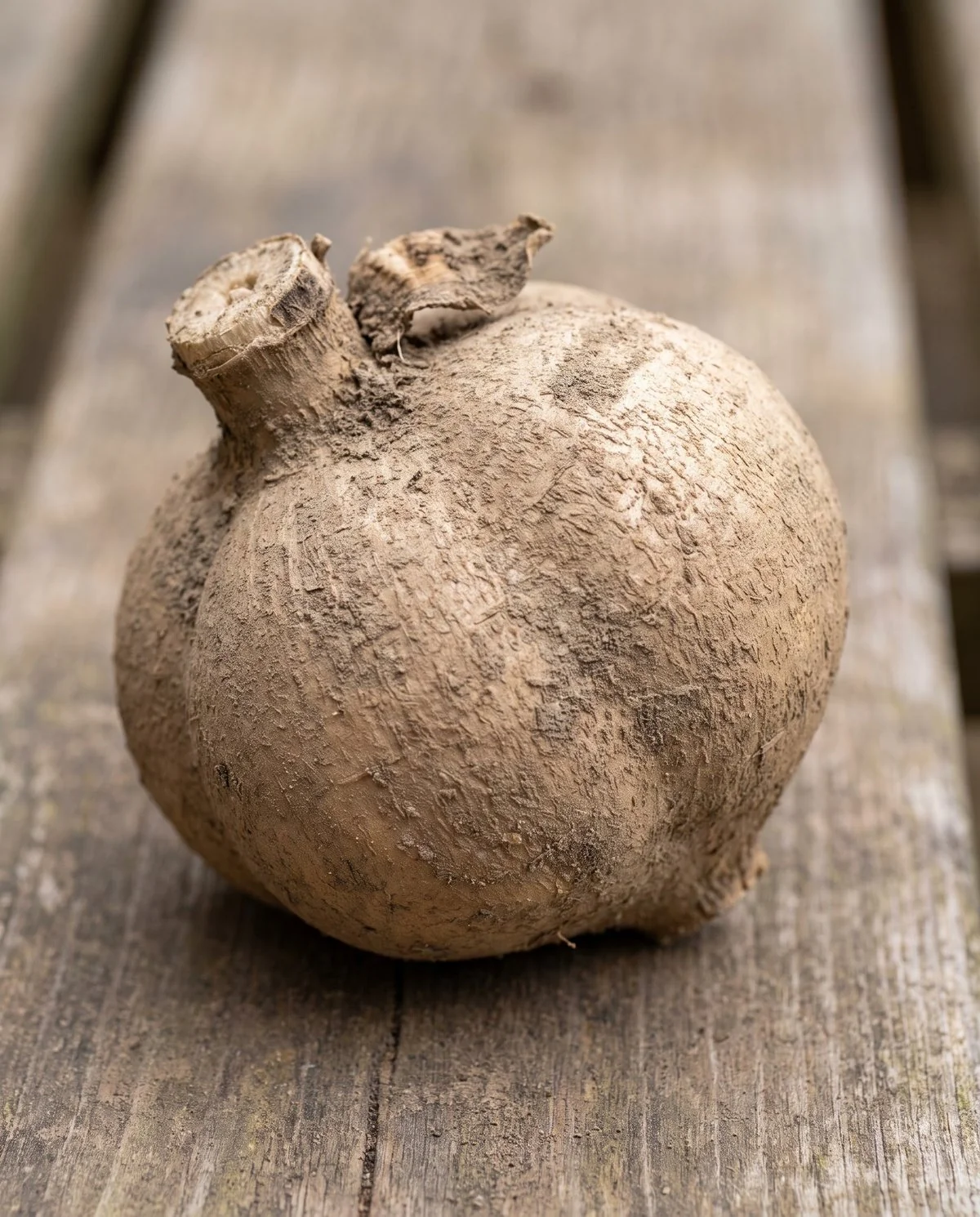 A sound stored dahlia tuber with firm plump flesh and unbroken dusty brown skin