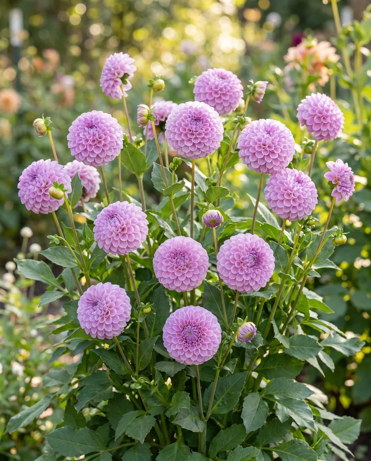 Many small lavender pompon dahlias, each a tight two-inch sphere of rolled petals, on one bushy plant