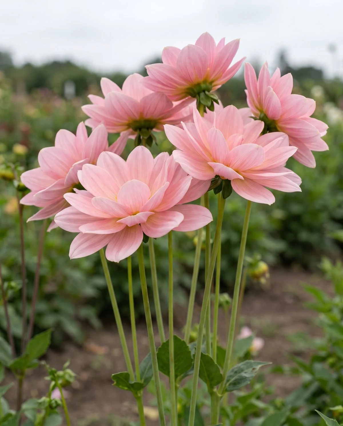 Soft pink water lily form dahlias with shallow overlapping petals and flat open faces
