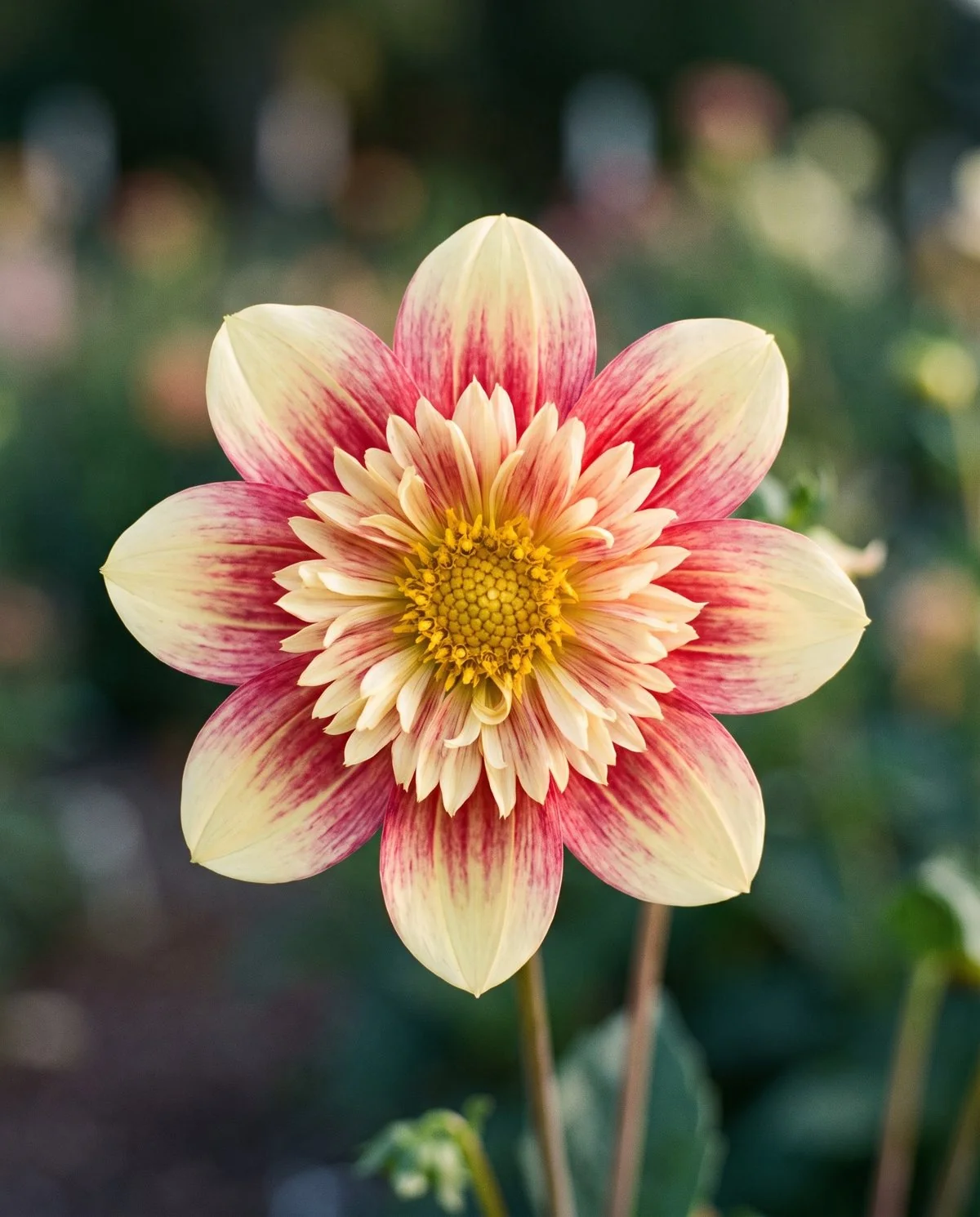 A collarette dahlia showing a ring of short inner petals around its yellow center, in cream and deep pink