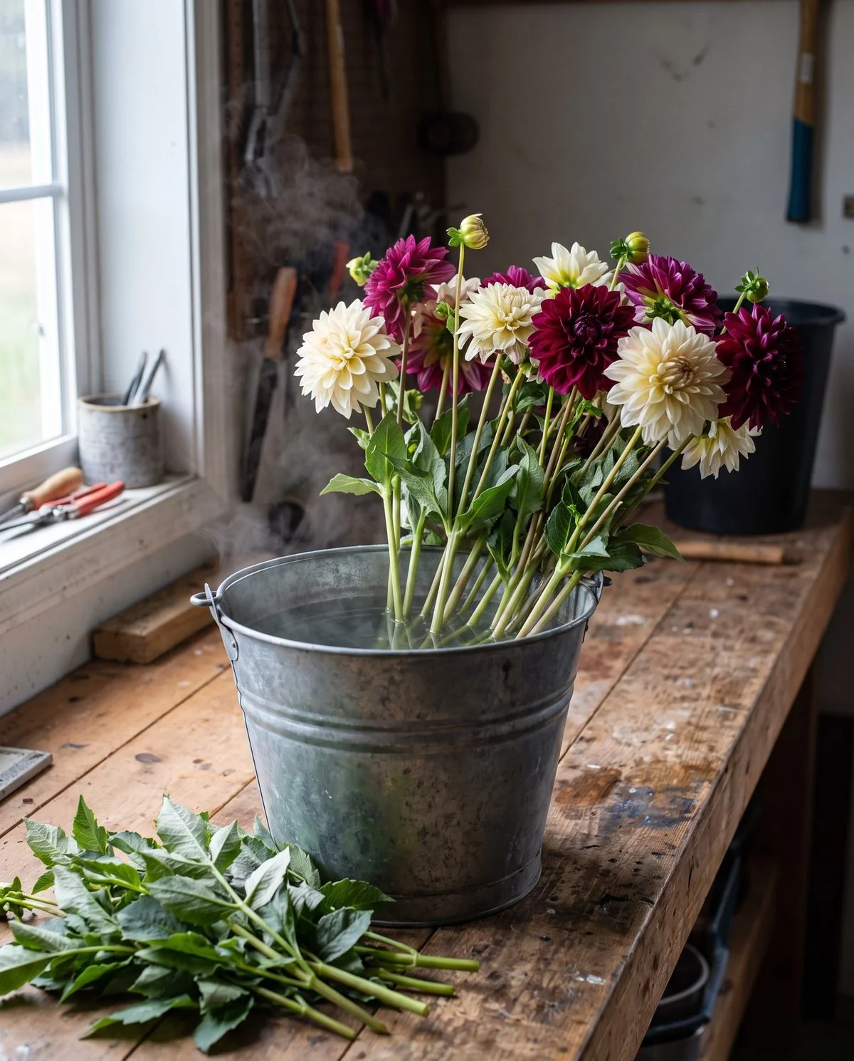 Freshly cut dahlia stems standing in a metal bucket of steaming water on a work bench