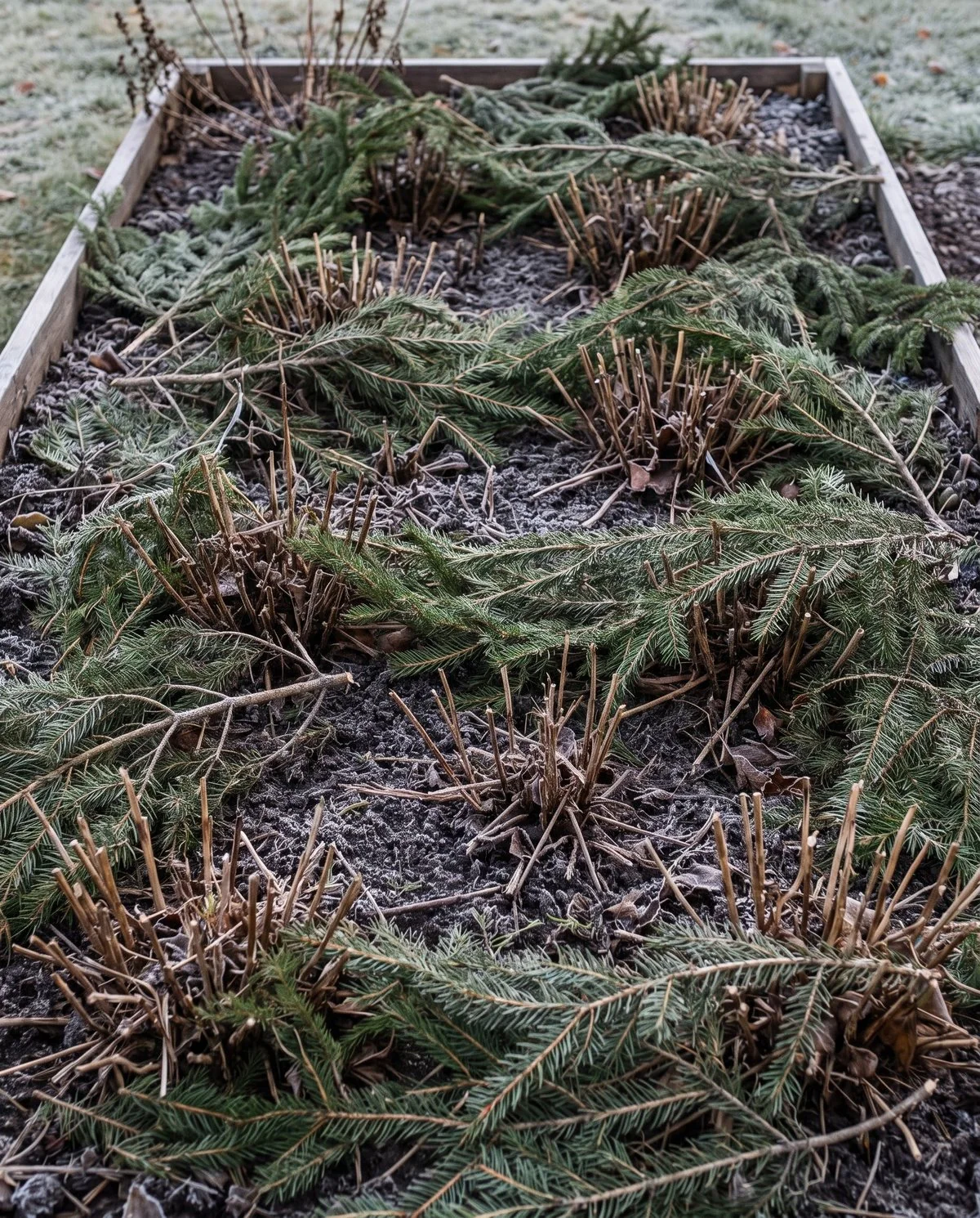 Conifer boughs laid loosely over cut-back daisy clumps so air still moves around the crowns