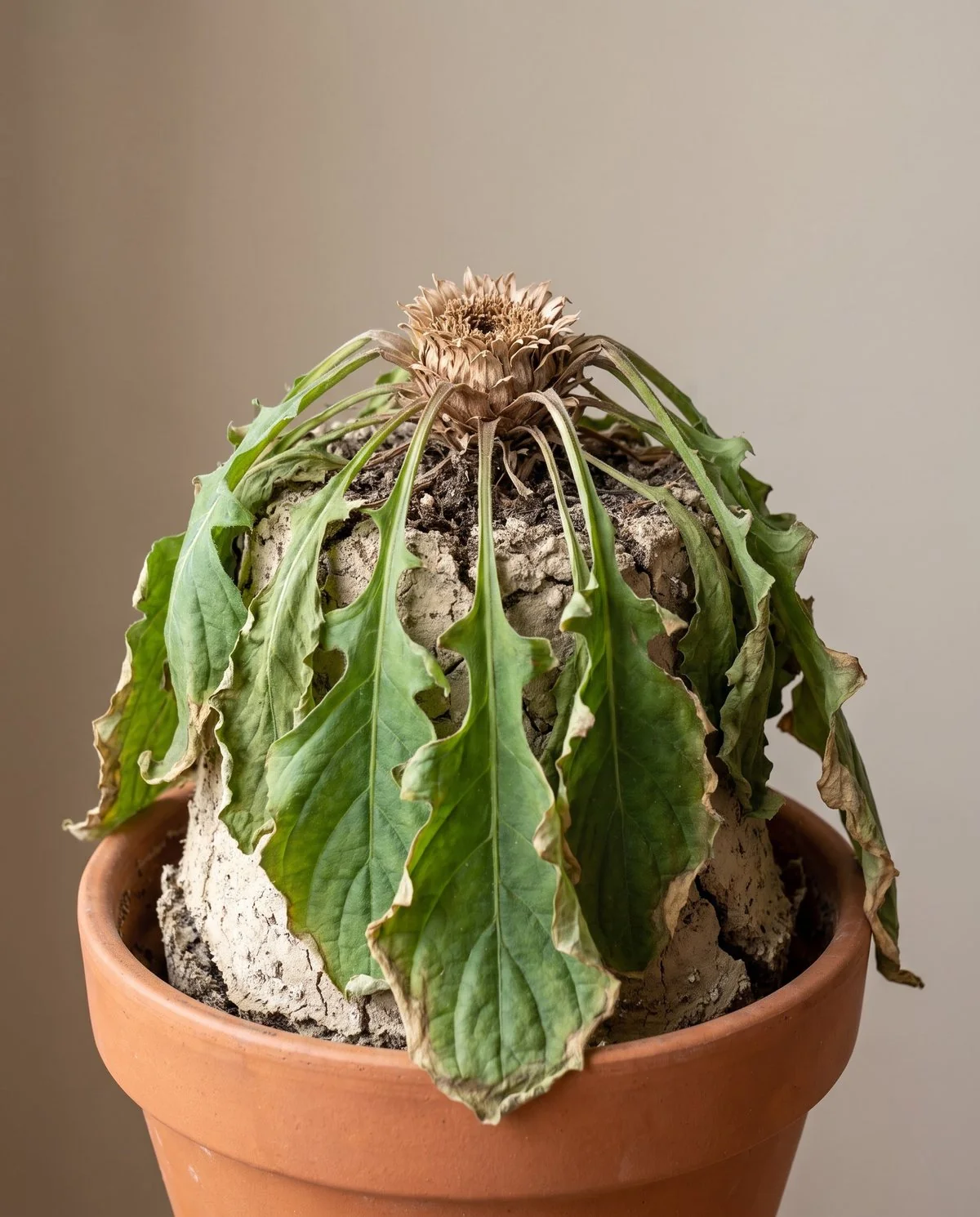 A potted gerbera drooping in bone-dry soil that has shrunk away from the sides of the pot