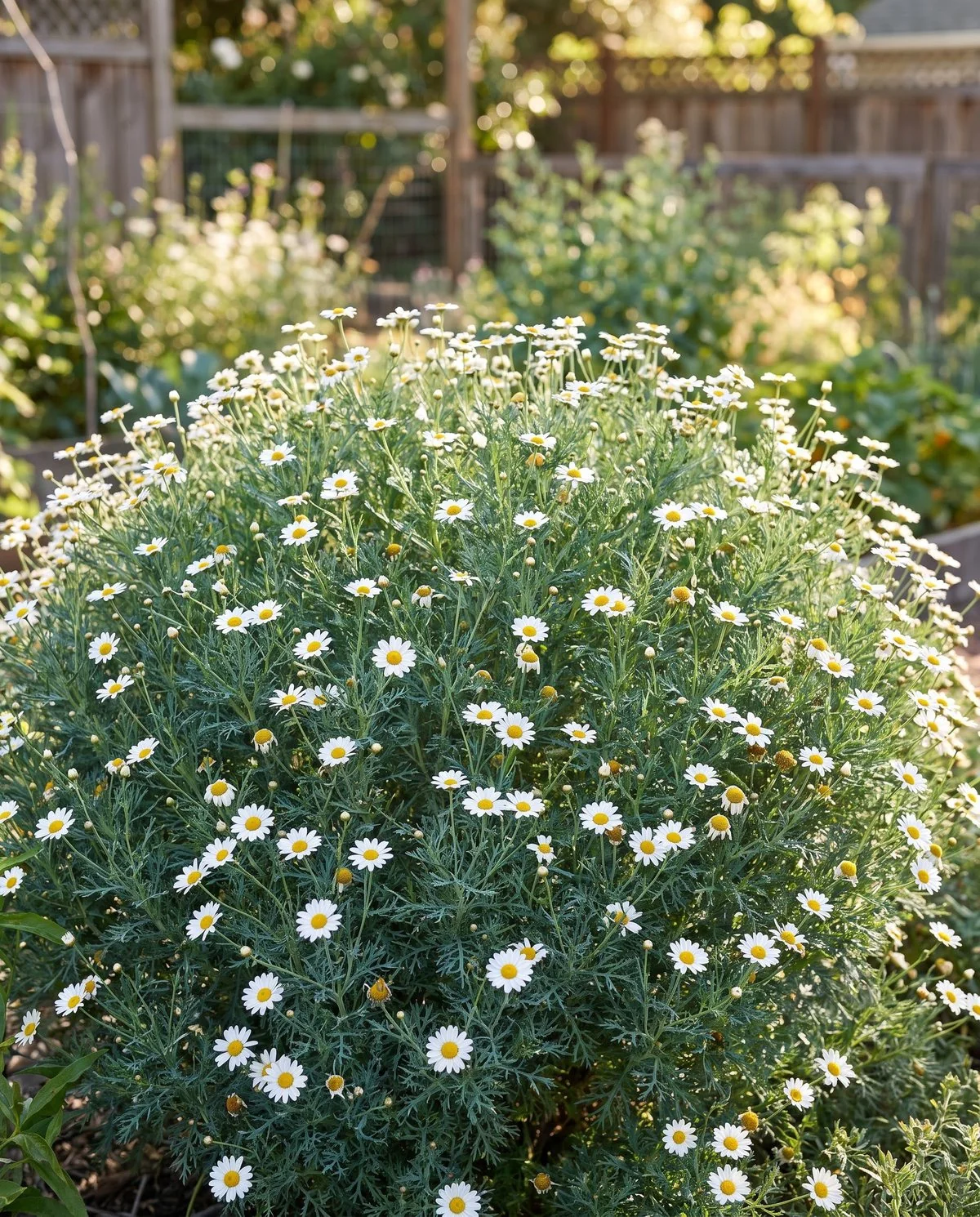 A bushy marguerite covered in many small white daisies above finely divided blue-green foliage
