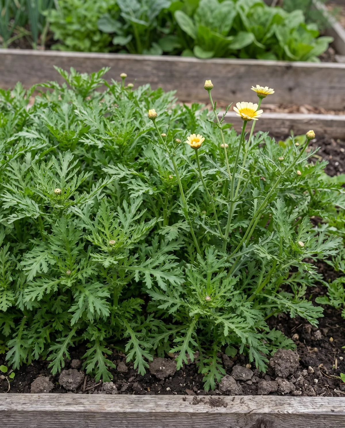 Crown daisy grown as a leaf vegetable, a bed of soft feathery edible foliage with a few yellow flowers beginning to bolt