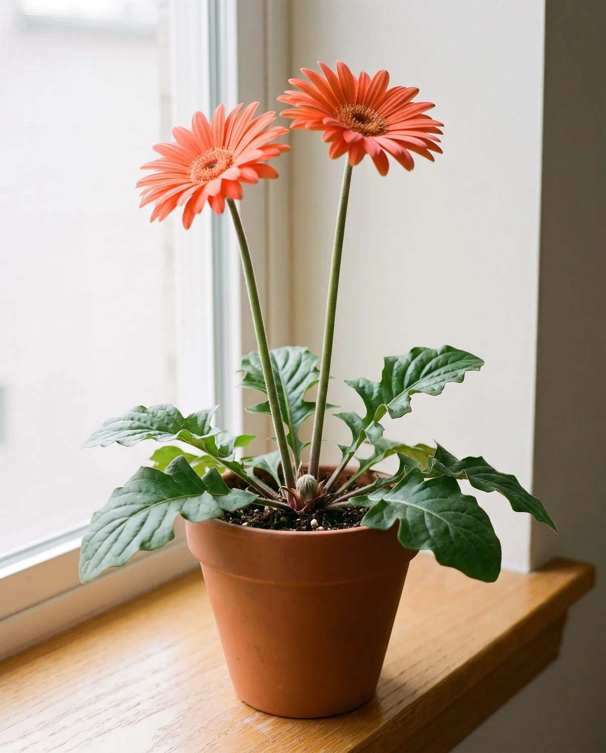 A potted gerbera daisy with saturated coral flowers on long bare stalks above a low rosette of lobed leaves