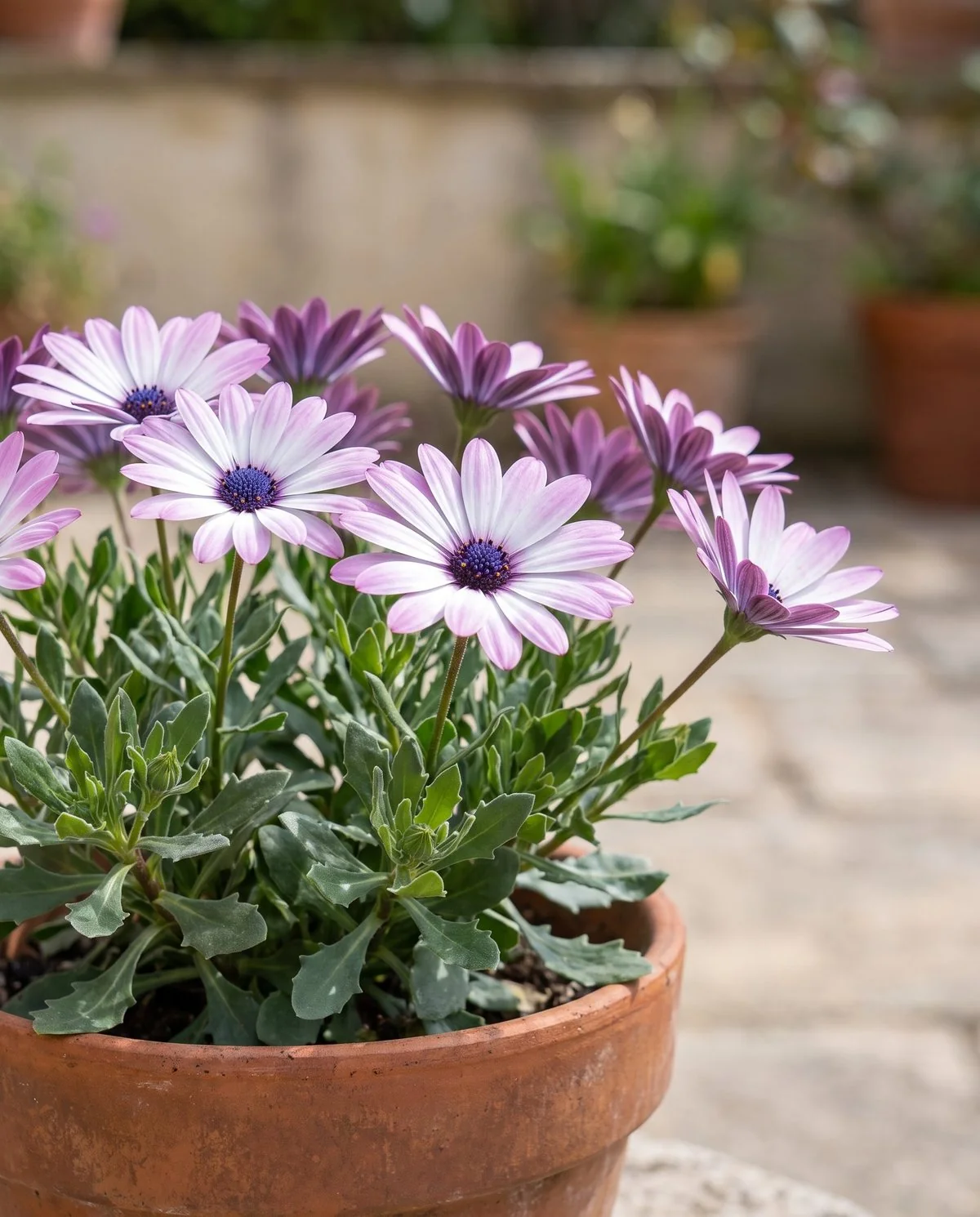 African daisies fully open in sun, their rays purple-tipped white around a deep blue-violet center disc