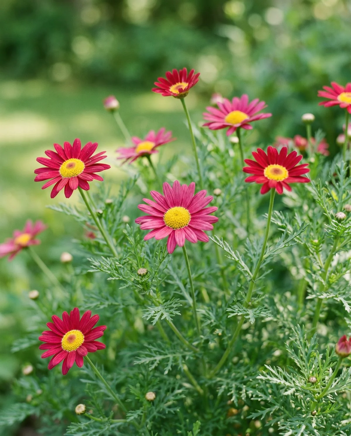 Painted daisies in deep pink and crimson with bright yellow disc centers above ferny divided leaves