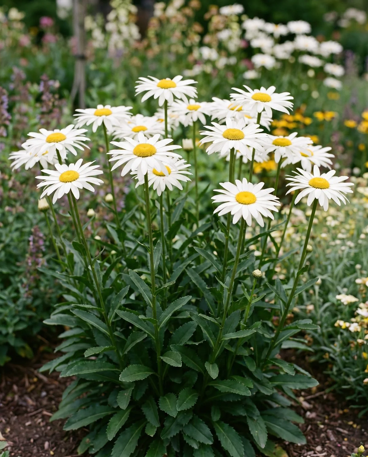 A clump of Shasta daisies with large white rayed flowers and gold centers standing on stiff stems