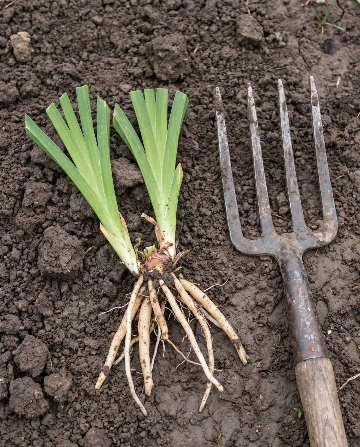 A lifted daylily division of three leaf fans with thickened storage roots, foliage trimmed short before replanting