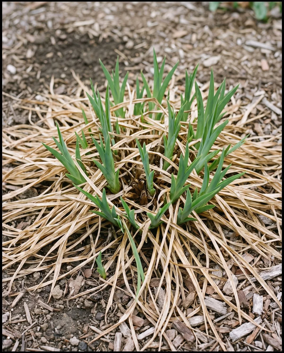A dormant daylily crown in early spring with pointed spear-like new shoots pushing through last year's dead foliage