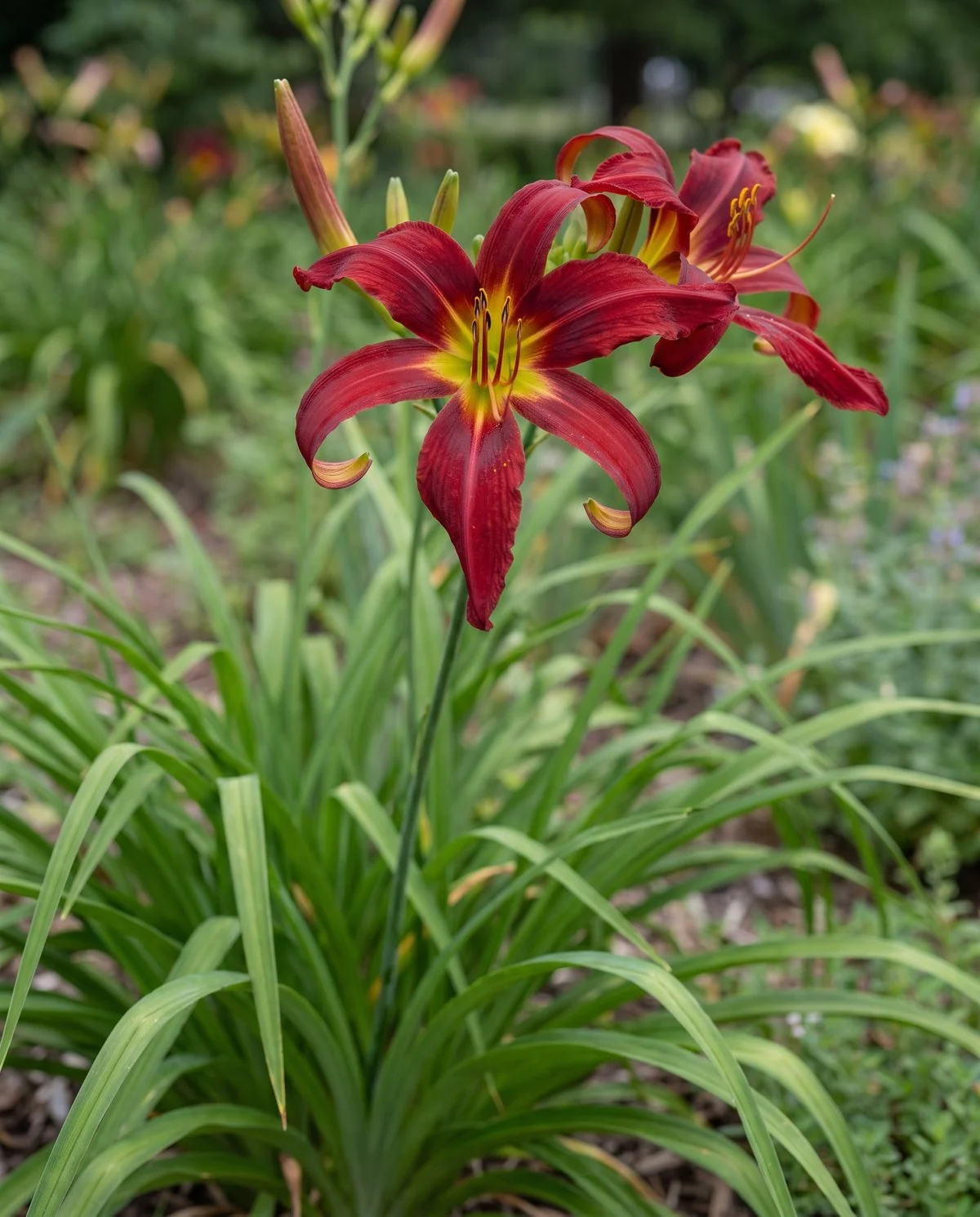 A spider-form daylily with very long narrow petals at least four times longer than they are wide