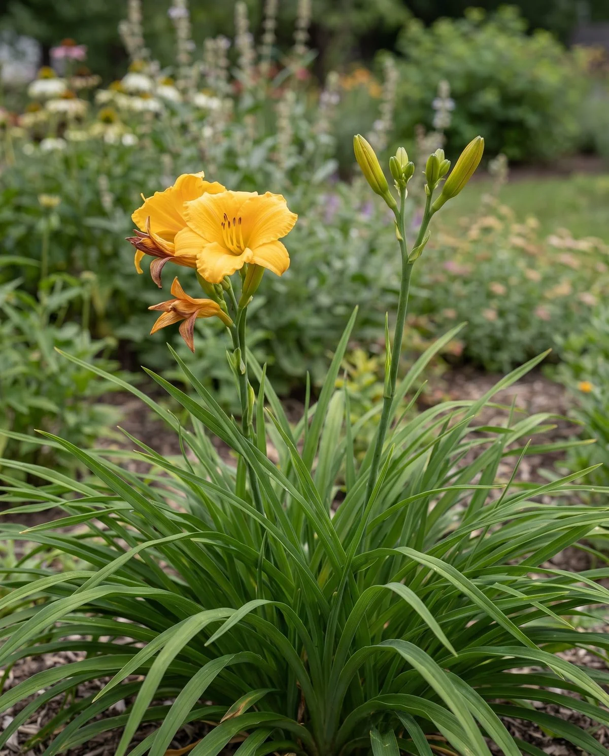 A compact daylily clump carrying one flowering scape while a second scape rises beside it from the same fan