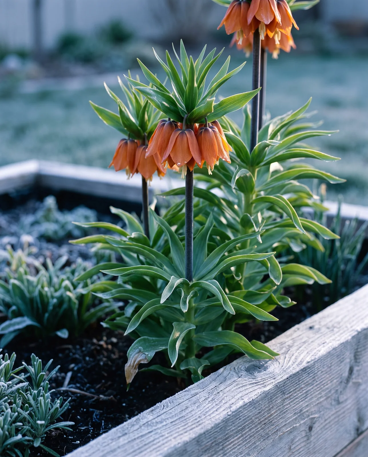 Crown imperial fritillary flowers blooming in a frosted cedar garden bed.