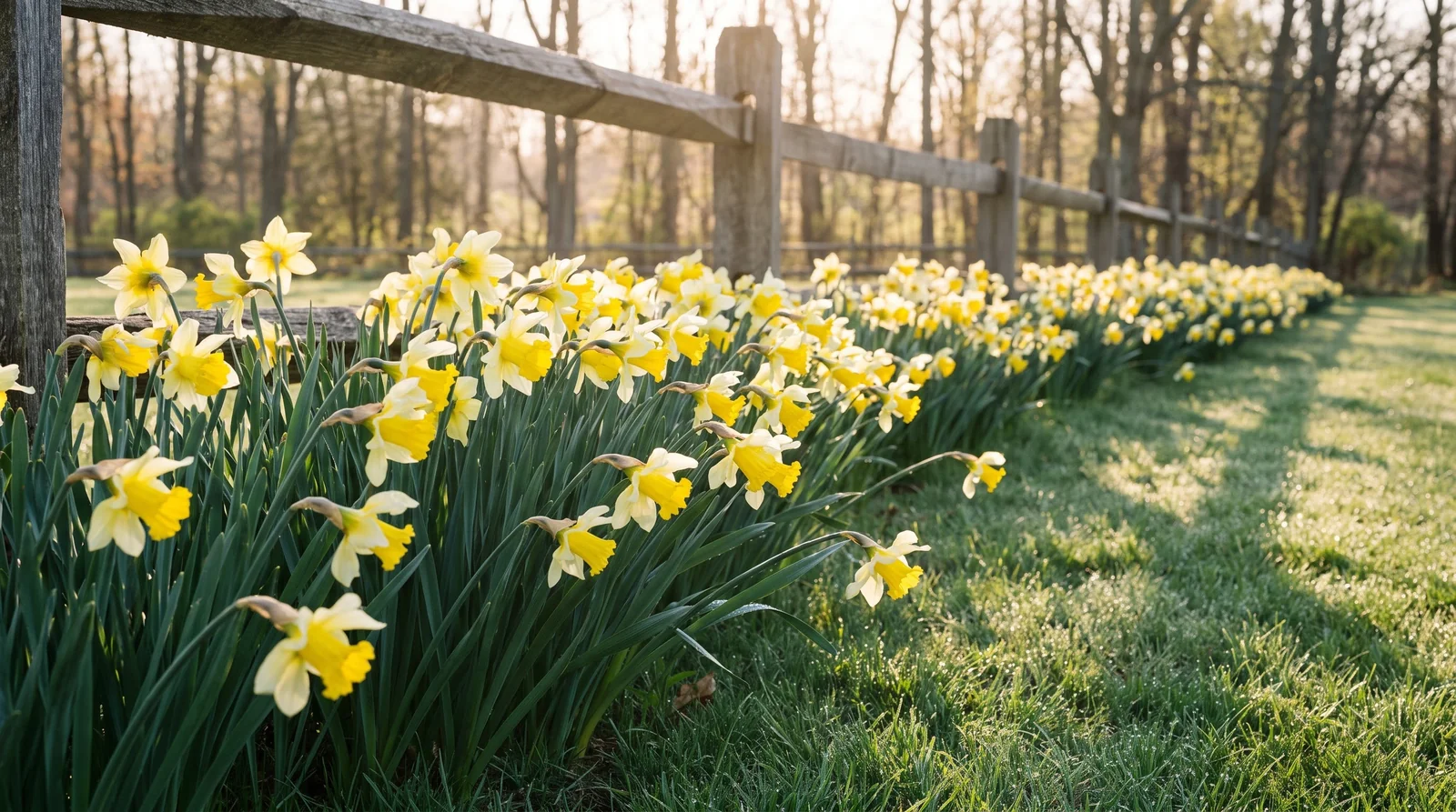 Naturalized drift of yellow daffodils along a weathered split-rail fence at dawn.
