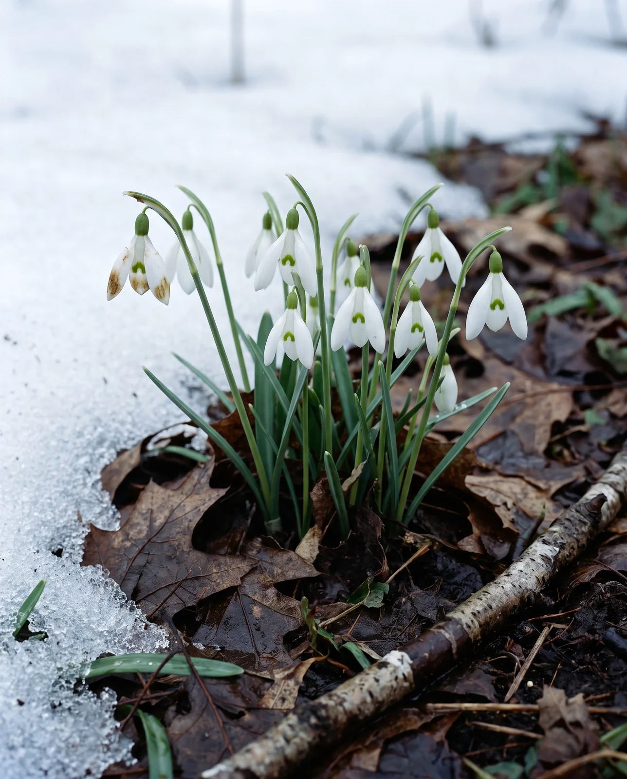 Galanthus snowdrops blooming through dark leaf litter beside melting winter snow.