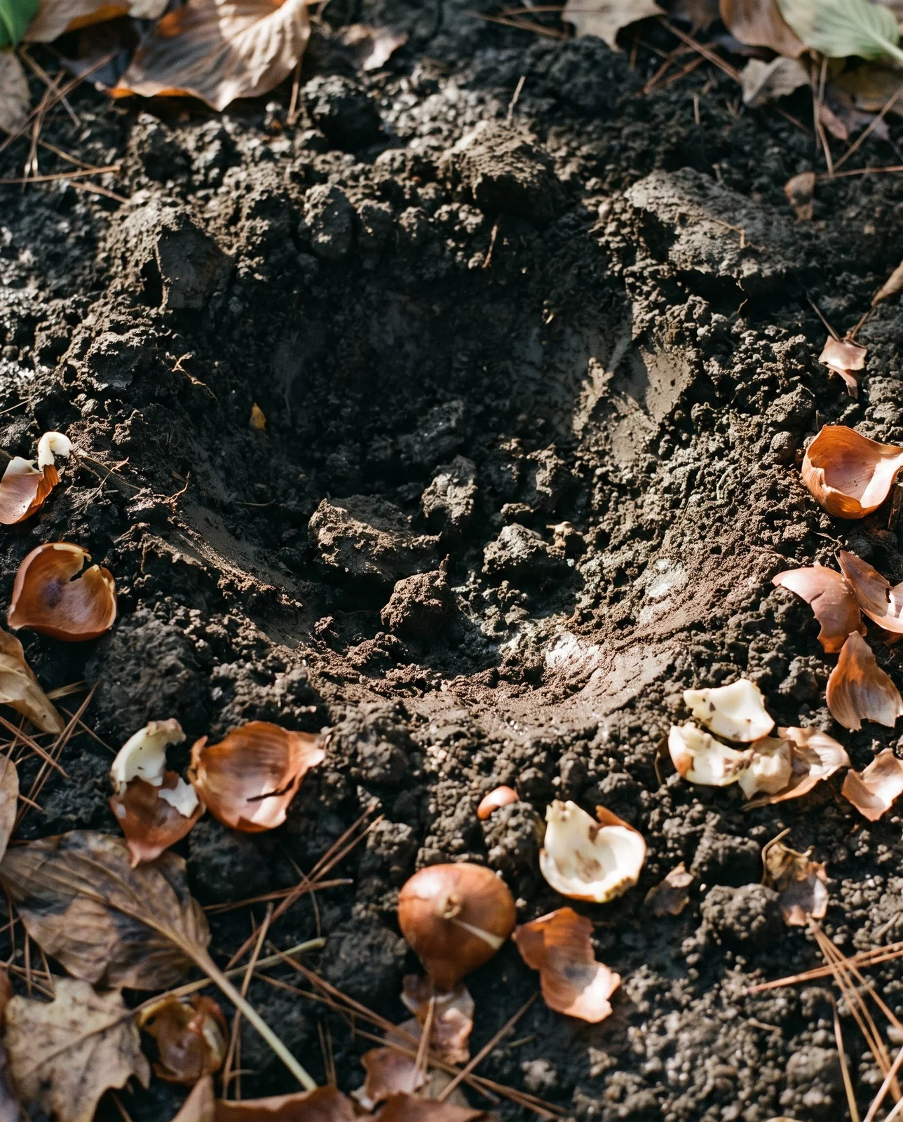 Disturbed garden soil with dug-up bulb husks near shallow burrow mound.