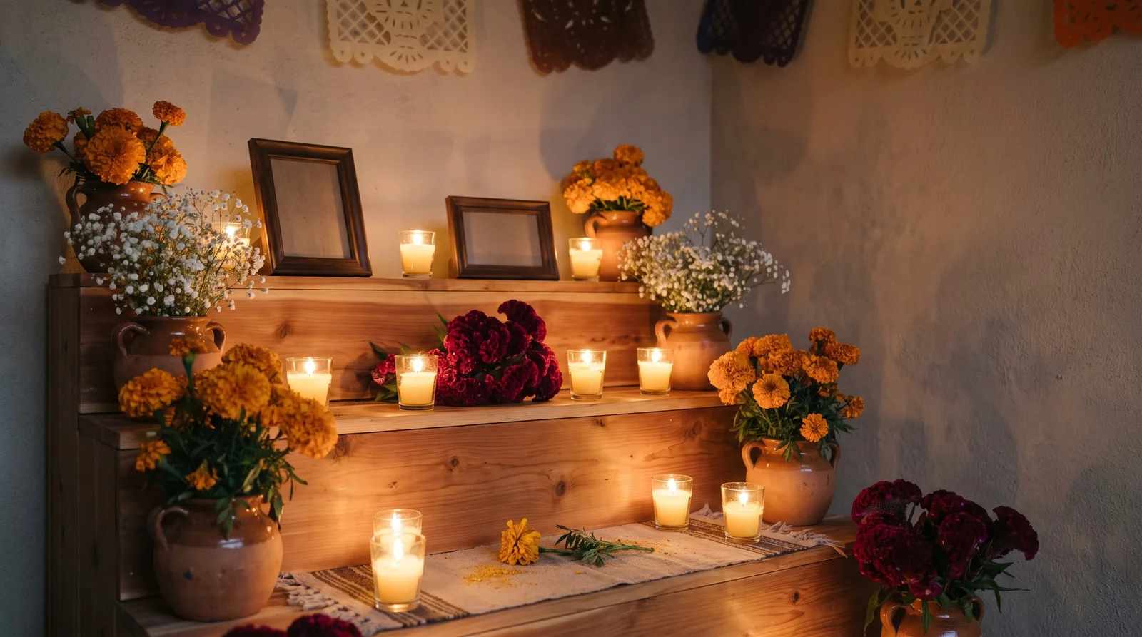 Tiered ofrenda altar with marigolds, cockscomb, candles, and blank frames