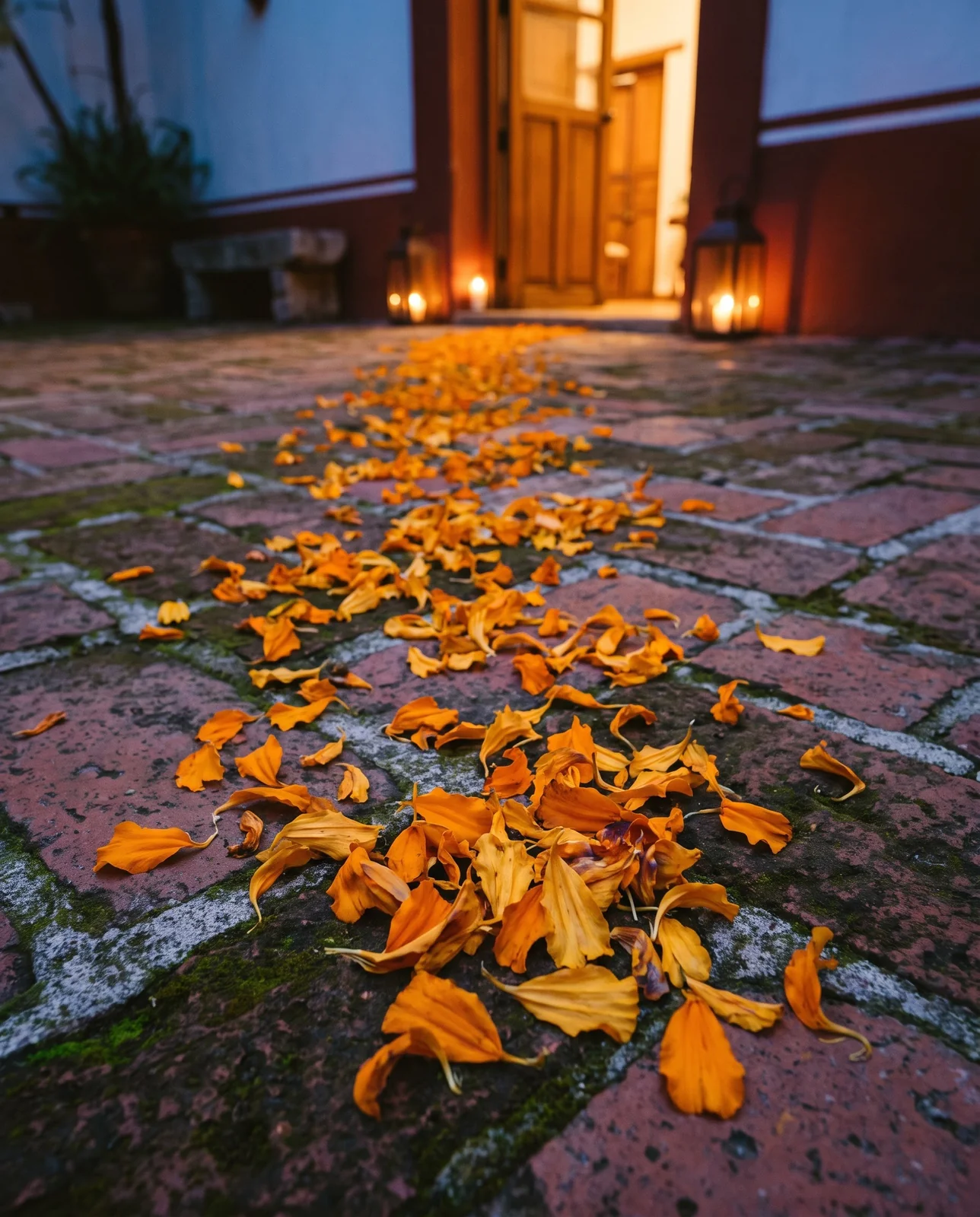 Marigold petal path on brick walkway leading to lit doorway at dusk