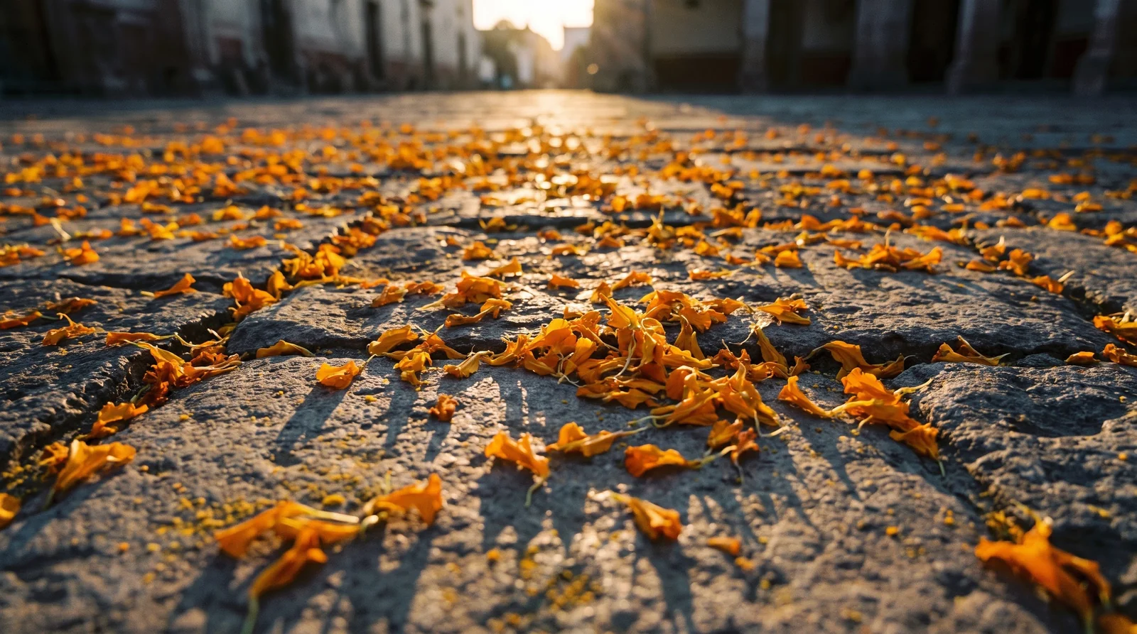 Scattered orange marigold petals across stone courtyard paving during golden hour