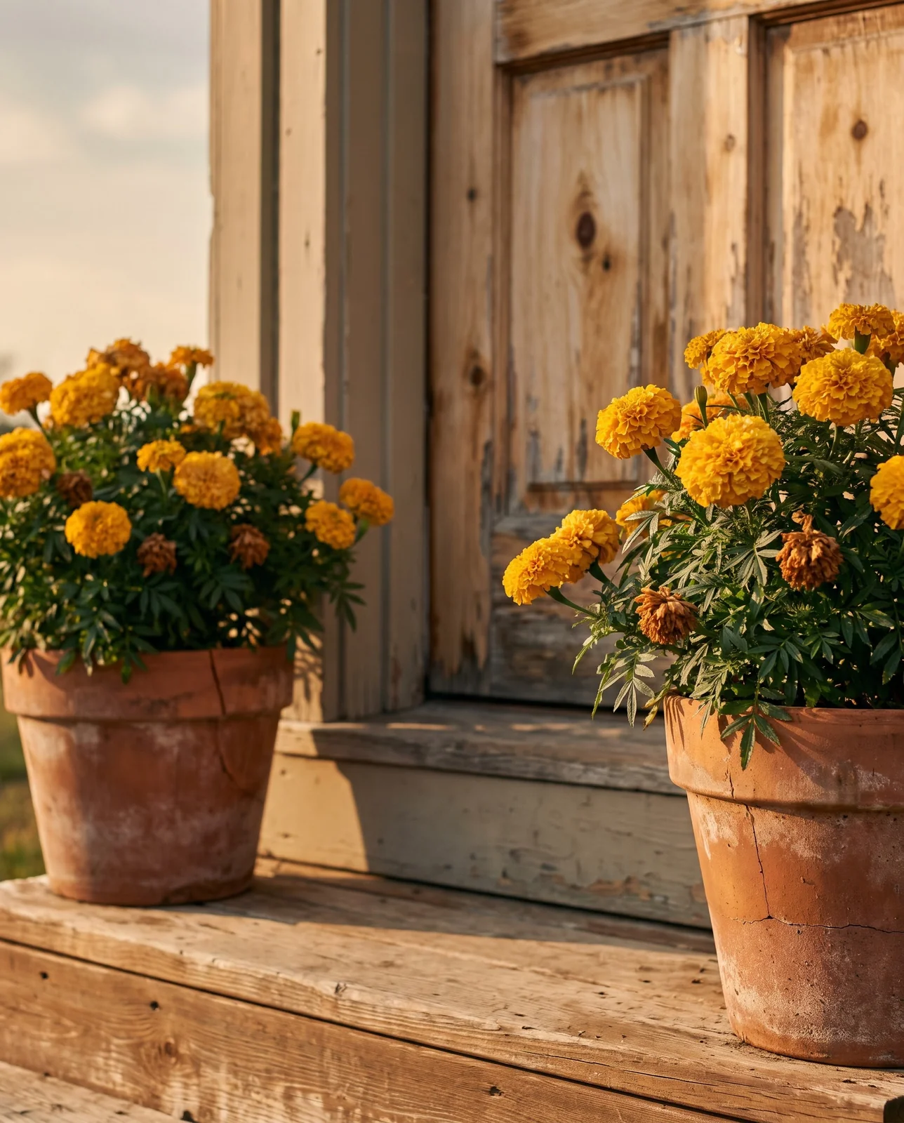 Terracotta pots of blooming marigolds flanking wooden porch steps in afternoon