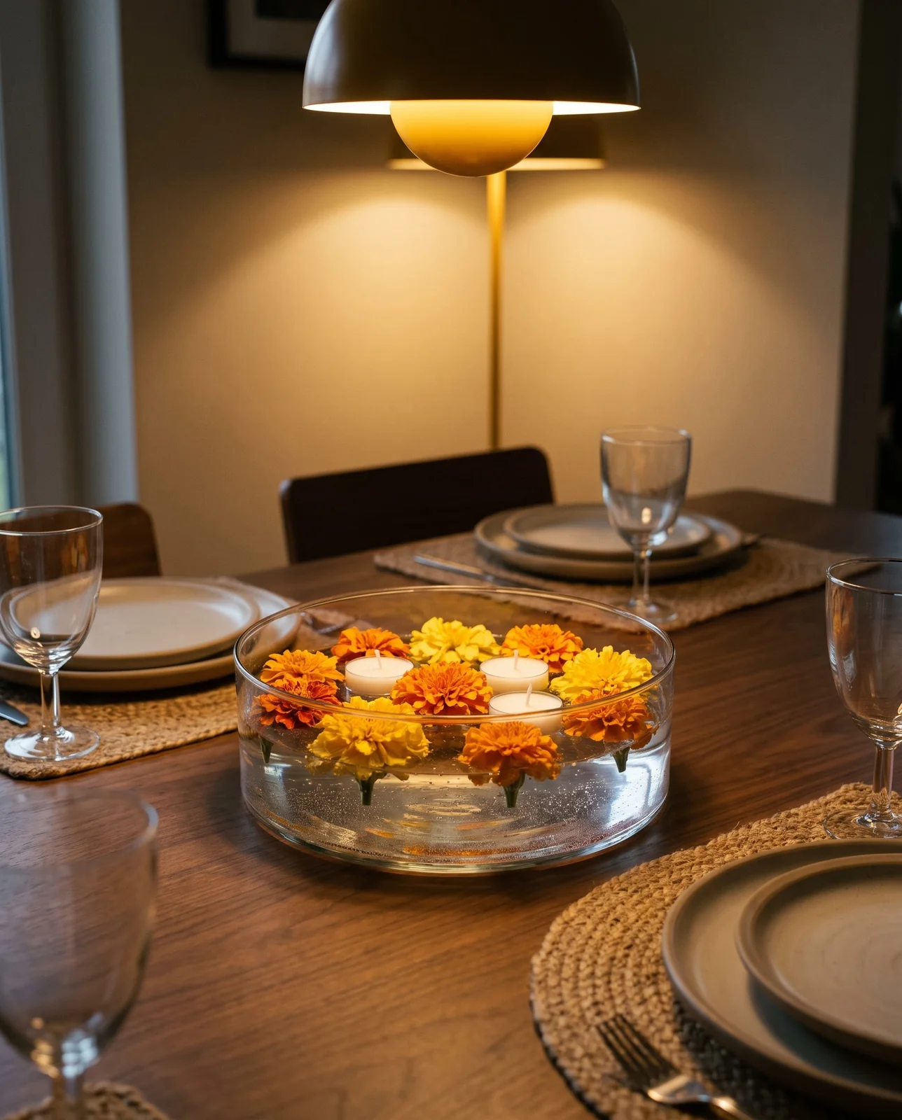 Low glass bowl with floating marigold heads and unlit tea lights
