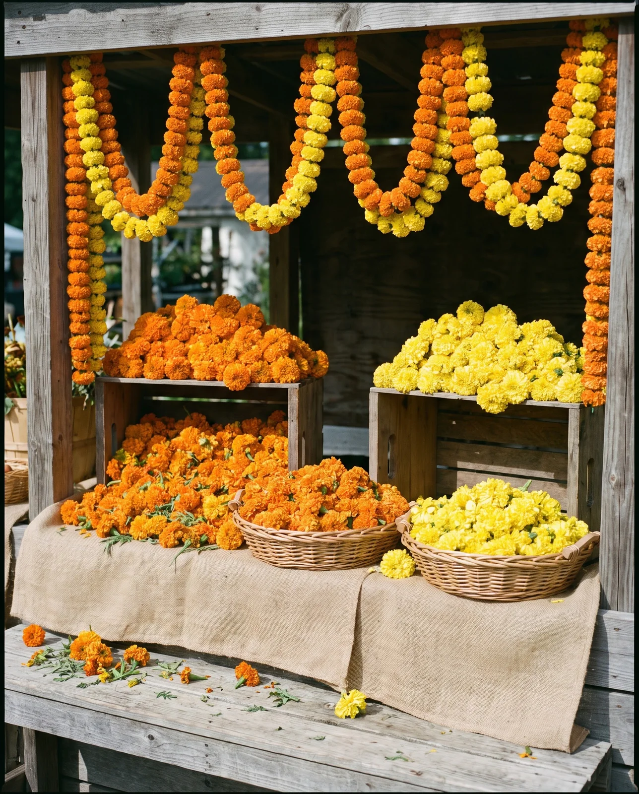 Strands and crates of fresh marigold flowers at market stall