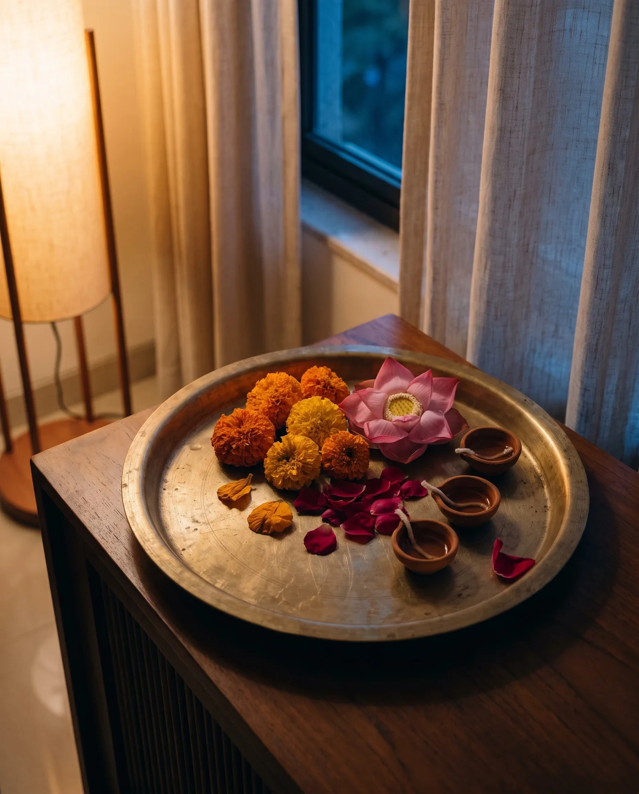 Brass tray with marigolds, lotus blossom, rose petals, and unlit diyas