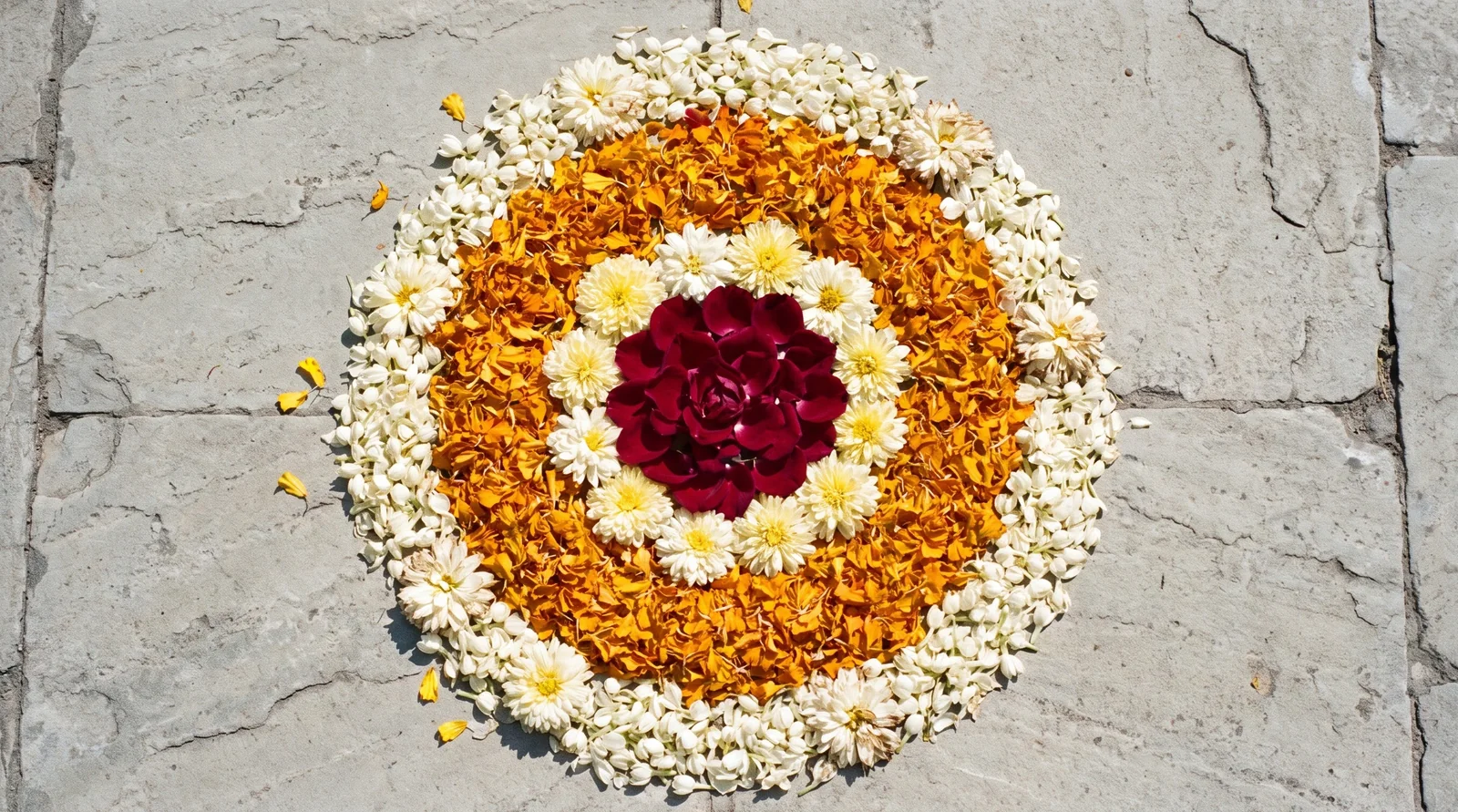 Circular floral rangoli design made of marigold and rose petals