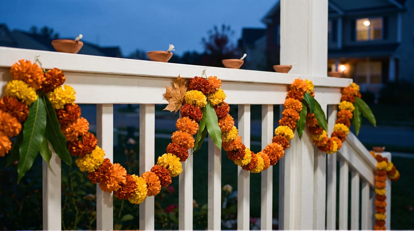 Marigold garlands and unlit clay diyas on porch railing at dusk