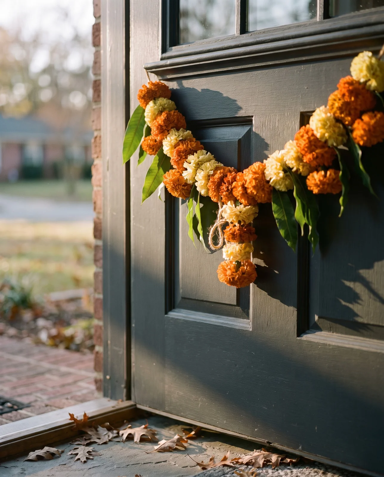 Marigold and mango leaf toran garland hanging on front door