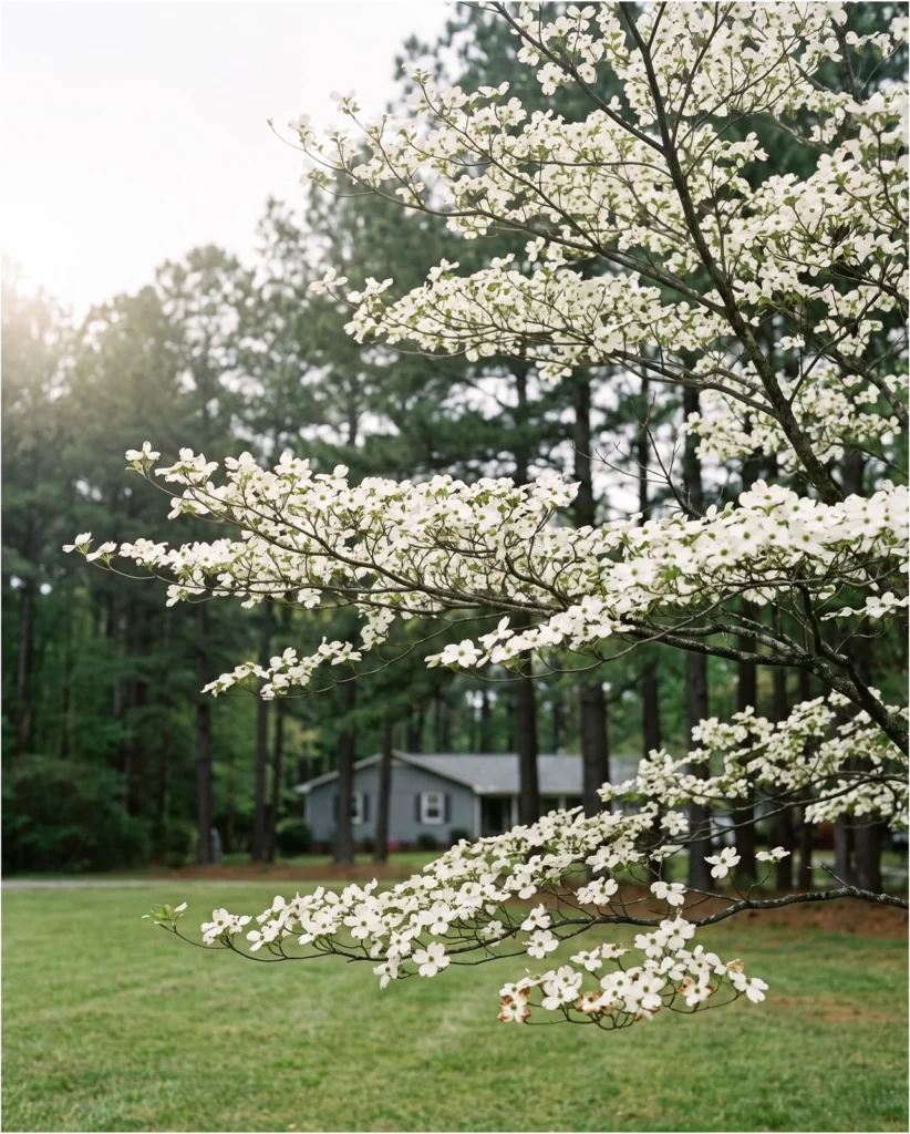 A flowering dogwood with tiered branches of white bracts in full bloom on a lawn under tall pines in April