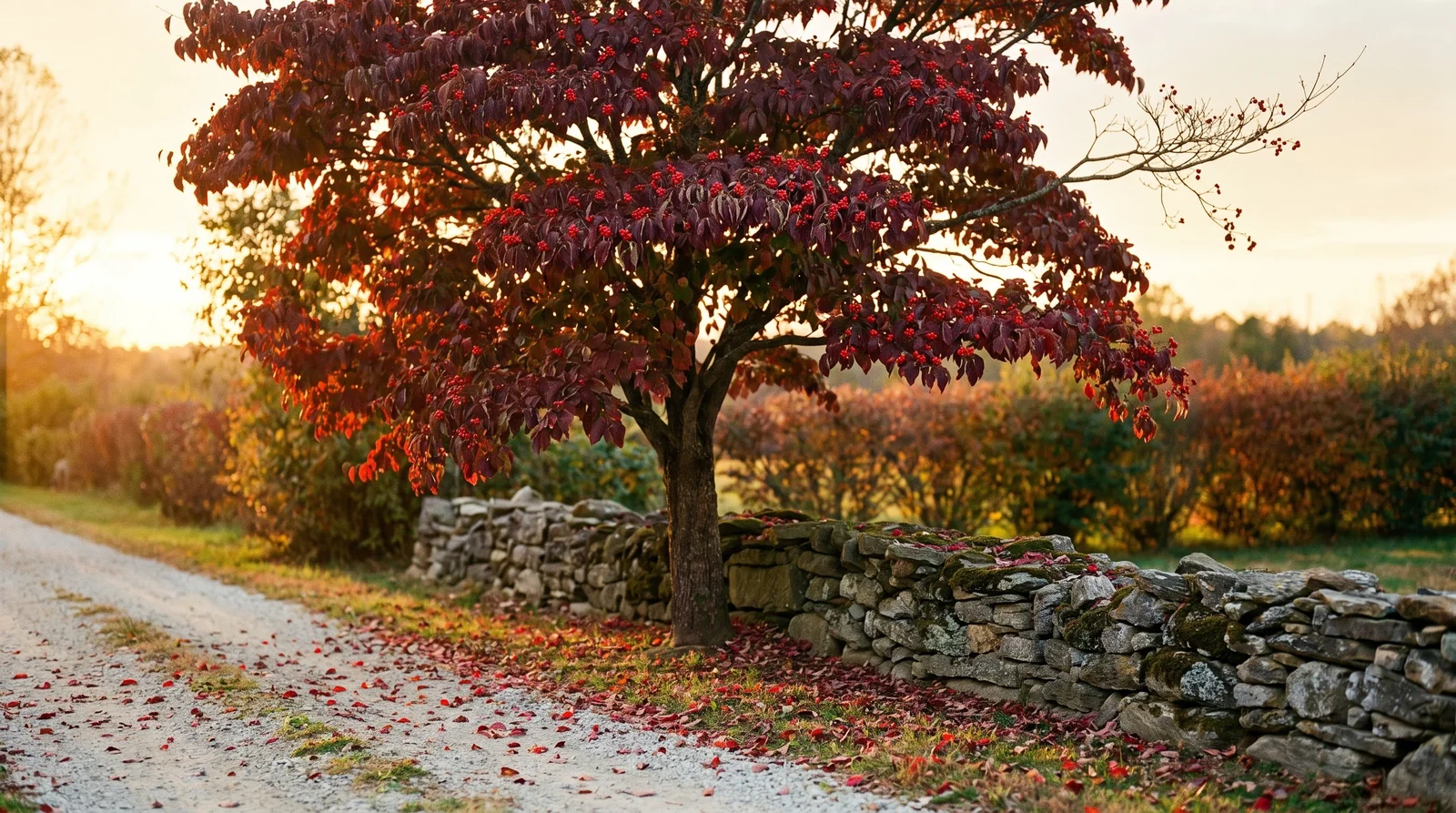 Wide view of a flowering dogwood in deep red fall color with red berries beside a stone wall at golden hour