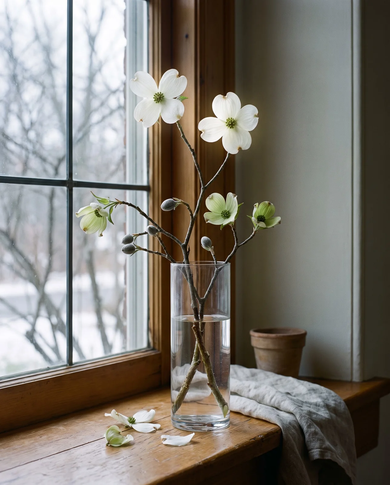 Cut dogwood branches opening white bracts in a glass vase on a windowsill in late winter light
