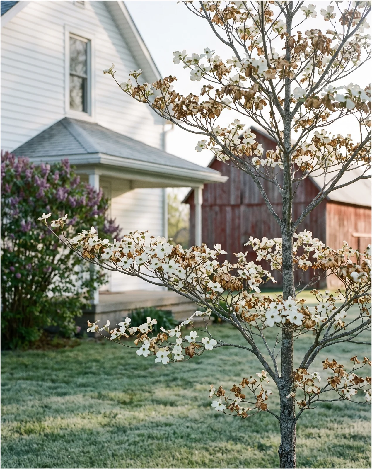 A flowering dogwood blooming beside a northern farmhouse with a few frost-browned bracts on a cold May morning