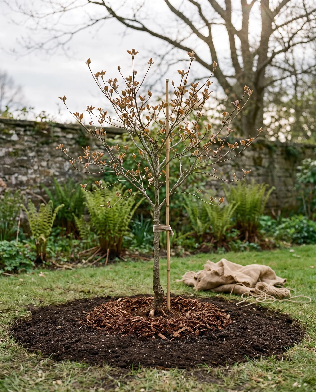 A small balled dogwood newly planted at a lawn edge with root flare at grade, a wide mulch ring and a stake in spring