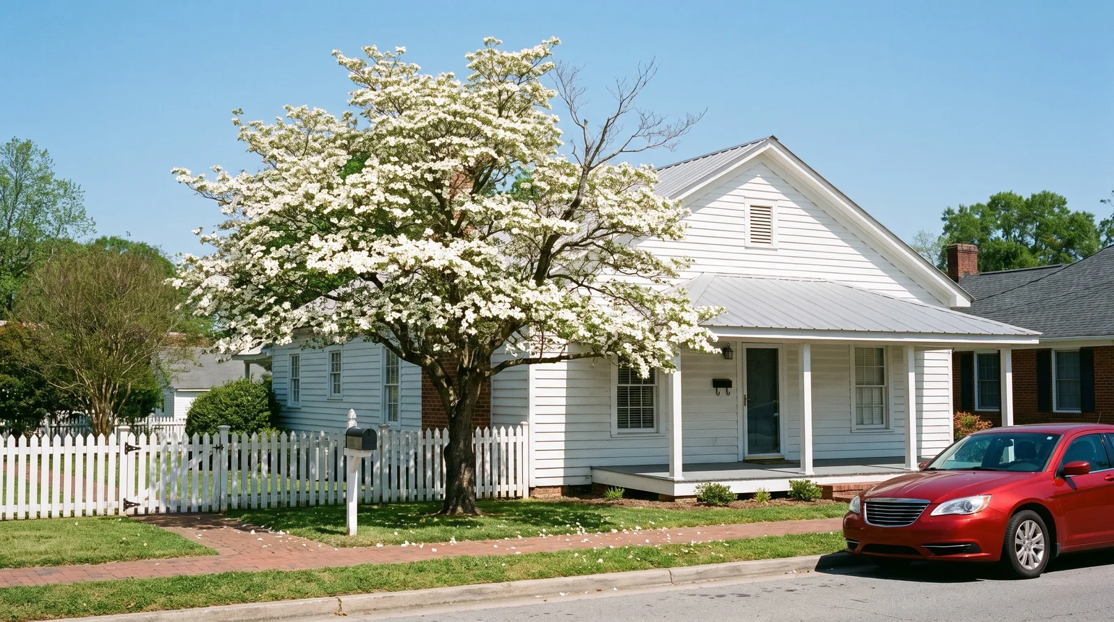 Wide view of a mature flowering dogwood as wide as it is tall beside a one-story house in bloom