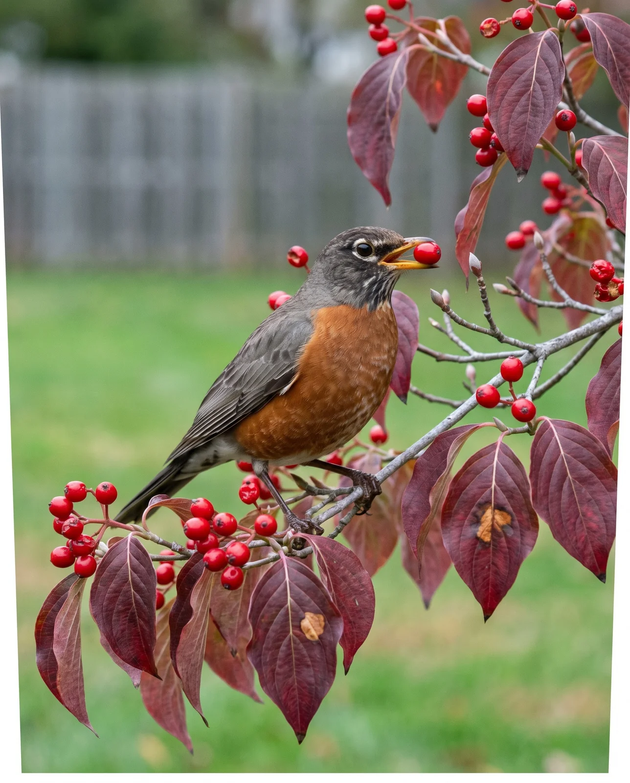 A robin perched on a dogwood branch among red berries and red fall leaves in October