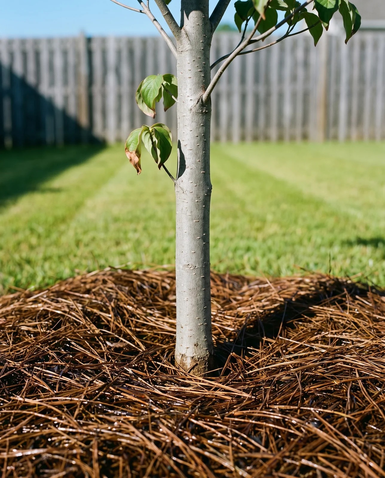 A young dogwood in a wide pine-straw mulch ring in a summer lawn after watering, leaves slightly curled from heat