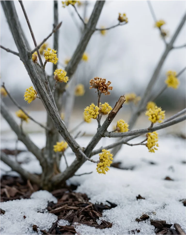 Cornelian cherry dogwood with tiny yellow flower clusters on bare twigs in late winter against a grey sky