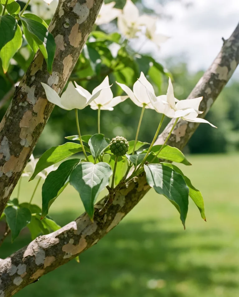 Kousa dogwood branch in June with pointed white bracts above green leaves and a round green fruit forming