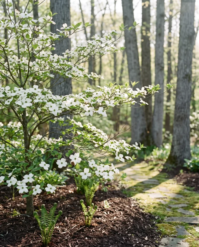 Appalachian Spring dogwood with clean white bracts and healthy leaves in a woodland-edge garden