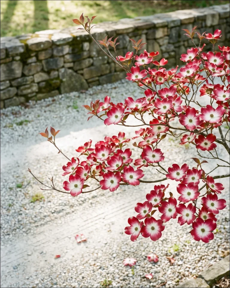 Cherokee Brave dogwood with red bracts that fade to white at the center on a lawn in spring