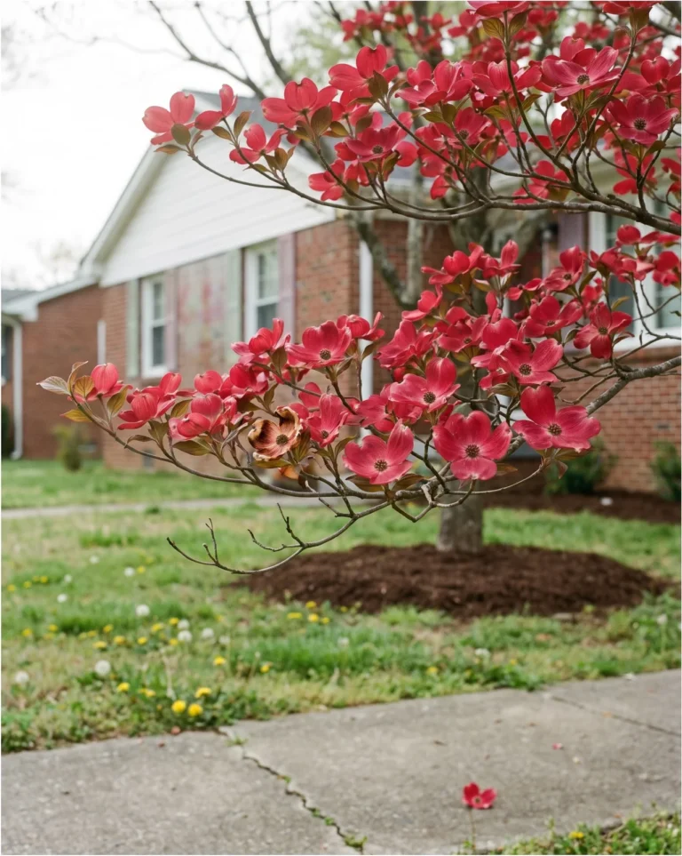 Cherokee Chief dogwood with deep rosy-red bracts on tiered branches beside a brick house