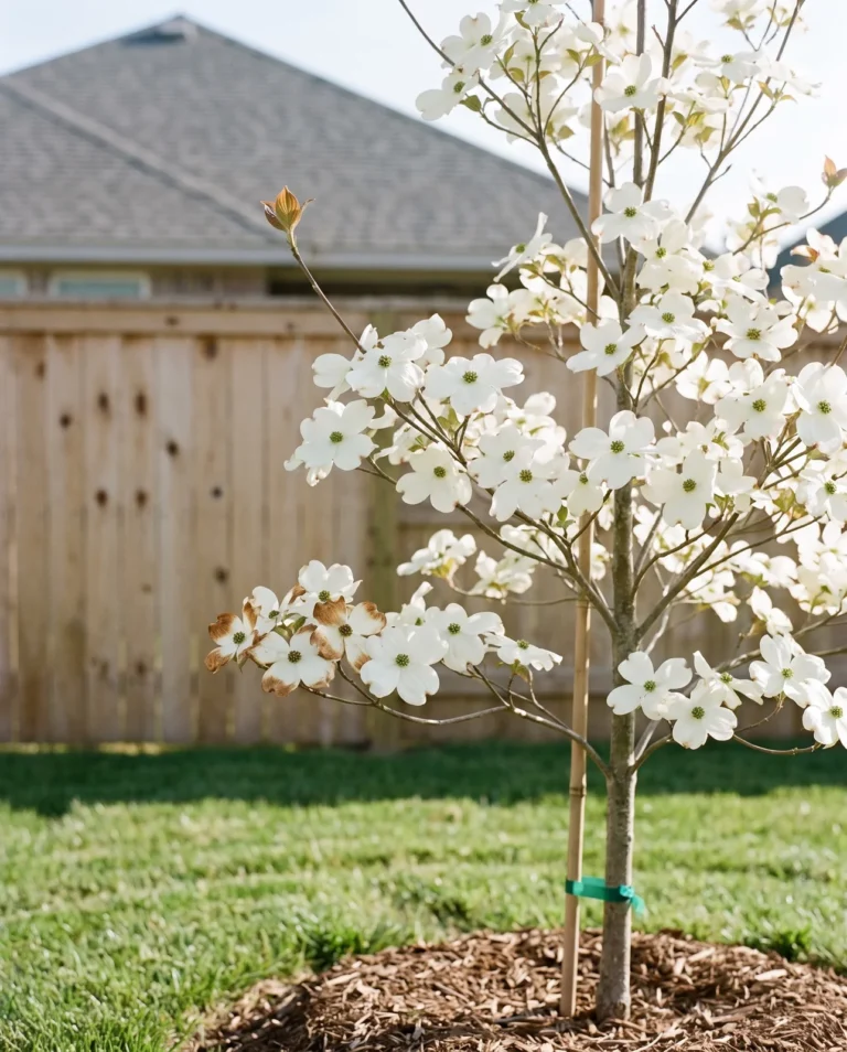 Cherokee Princess dogwood heavy with large white bracts on a young tree in a suburban yard