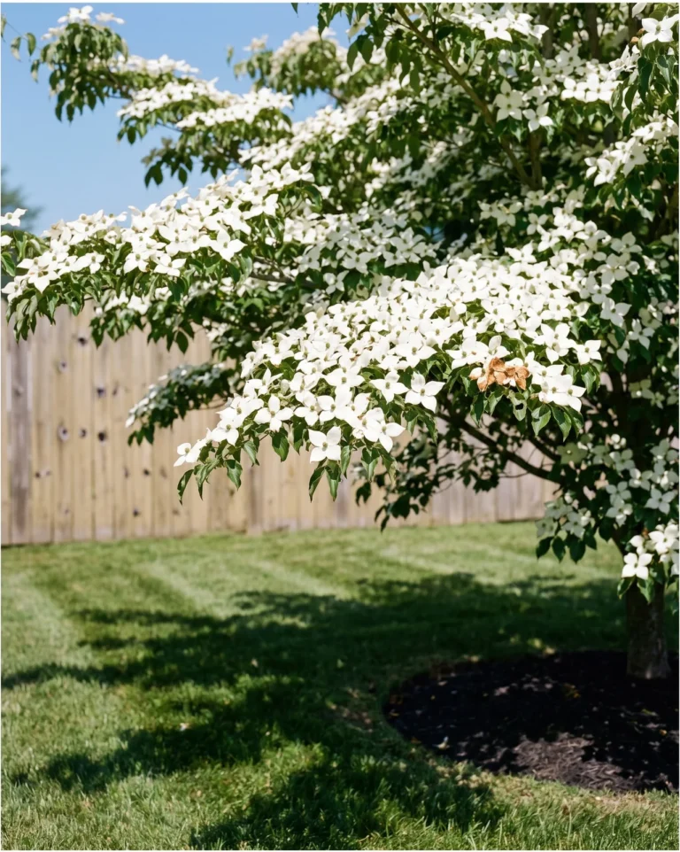 Milky Way kousa dogwood covered with pointed white bracts in June over green leaves on a lawn